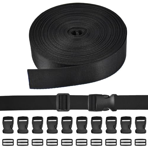 SLTAXAR Nylon Gurtband 5M x 2,5 cm Nylongurte mit 10 Paare Schnallen Nylongurt mit Schnalle Verstellbare Nylongurtband Schwarz Klippverschluss Rucksack Schnalle Ersatz für Rucksack Tasche Koffergurt