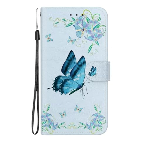 Tivenfezk Nadoli Handyhülle PU Leder für Xiaomi Redmi Note 13 4G,Bunt Bemalt Blau Schmetterling Blume Kartenfach Magnet Ständer Schutzhülle Brieftasche Schlüsselband Cover