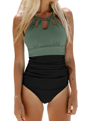 CUPSHE Damen Badeanzug High Neck Zierausschnitt Bauchweg Raffungen Strandmode Einteilige Bademode Swimsuit Schwarz/Grün L