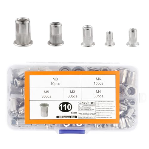 110 Stk Nietmuttern Sortiment, M3 M4 M5 M6 M8 Edelstahl Blindnietmuttern Set, Einnietmuttern für Nietmutternzange, Flachkopf Einziehmuttern, Gewindehülsen Gewindenieten für Metallplatten Rohre