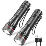 BUCASA Taschenlampe LED Aufladbar, 2000 Lumen Extrem Hell LED Taschenlampe mit 3 Modi, 2 Stück Zoombare Taschenlampe Kinder, Wasserdicht Langer Laufzeit Flashlight für Camping Outdoor Wandern Notfäll