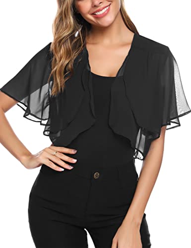 Aottori Damen Chiffon Bolero Festlich ärmellos Elegant Shrug Top Kurze Strickjacke Cardigan Open Front Bolerojacke Schulterjacke Schwarz M