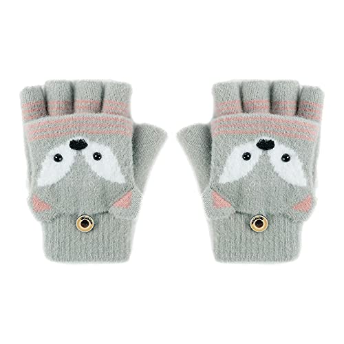 Fäustlinge mit Knopf Klappe Fingerlose Handschuhe für Kinder Kleinkinder Winter Warm Strickhandschuhe Plüschfutter Winterhandschuhe Herbst und Winter Fingerhandschuh Unisex (Fuchs-Grün)