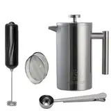 Brewbreeze French Press Set I Kaffeebereiter, Thermo, Kaffeepresse, für Filterkaffee, 1 Liter, Milchaufschäumer, doppelwandig, isoliert, Edelstahl (Silber)
