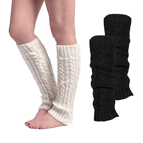 NITAIUN 2 Paar Damen Frauen Winter Crochet Stricken Lange Gestrickt Beinwärmer Legwarmers Schwarz Beinwärmer Knöchelwärmer für Ballett Fitness Yoga Frauen und Mädchen (Schwarz,Weiß)