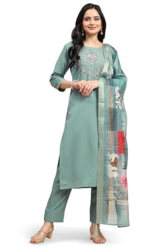 TRENDMALLS Kurta Set Damen Baumwolle Stickerei Handarbeit Salwar Anzug Set Kurta Hose mit Dupatta Hellgrün Kurta Set für Frauen, Hellgrün, Medium