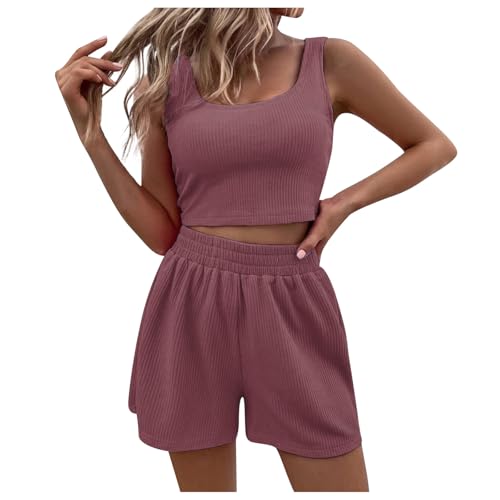 Generisch Zweiteiler Damen Sommer Outfits Elegant Hosenanzug Kleidung 2 Teiler Set Crop Tank Top + Shorts Y2K Aesthetic Clothes Workout Sport Anzug Lounge Set für Teenager Mädchen