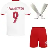 Hawkara Polen #9 Lewandowski Heim Fußball Kinder Trikot Auflage Shorts Socken Set Jugendgrößen (Weiß,30)