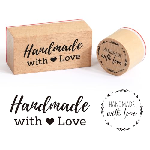 BETESSIN 2Pcs Stempel Holz Handmade with Love Holzstempel Rund Rechteck Handmade Motivstempel Holz Stempelset für Kartenherstellung Geschenkanhänger Scrapbooking