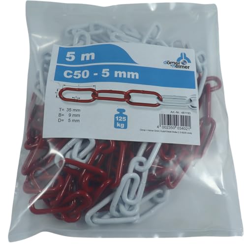 Dörner + Helmer Absperrkette, 5mm Dicke, 5m Länge, Verzinkter Stahl, Absperrung, Polybeutel, Langgliedrig, Rot/Weiß