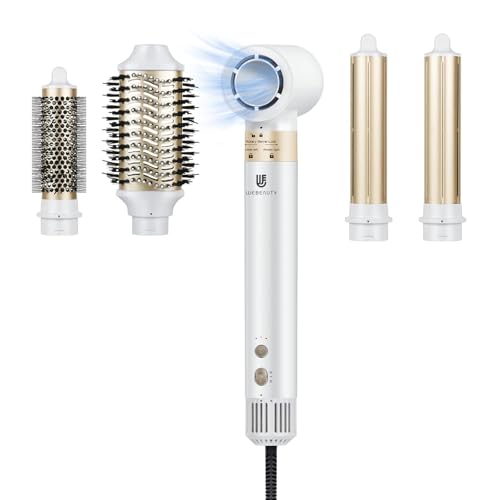 webeauty 5 in 1 Föhn Haarstyler, 110,000U/Min, 20M/S, 200 Millionen Negative Ionen Hochgeschwindigkeit Bürstenloser Haartrockner mit Warmluftbürste und Air Lockenstab, Weiß