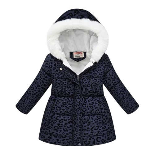 Generisch Winterjacke Mädchen Wintermantel mit Fellkapuze Einfarbig Daunenjacken Mantel Outwear Winddicht Outdoorjacke Mode Länge Steppjacke mit Kapuze Winter Warme Kapuzenmantel Schwarz 5-6 Jahre