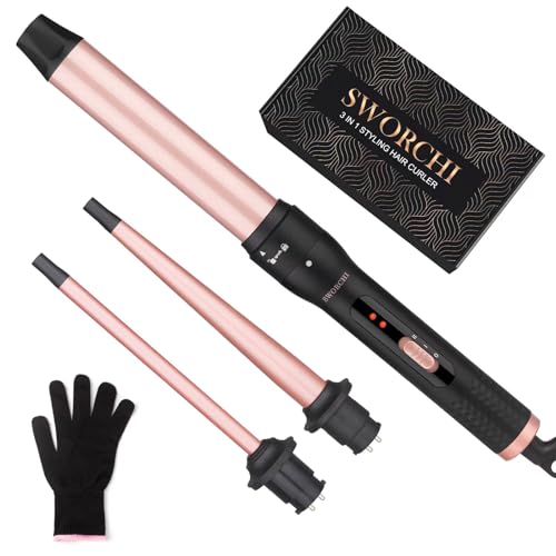 Lockenstab Set, Lockenstab Große und Kleine mit Verschiedenen Aufsätzen 3 in 1, SWORCHI 2 Einstellbare Temperatur Curling Iron mit Handschuhe für Longe Kurze Haare Haarstyling Set