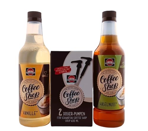 Schwartau Coffee Shop 2 Dosier-Pumpen mit Schwartau Coffee Shop Vanille Sirup 650ml und Schwartau Coffee Shop Haselnuss Sirup 650ml