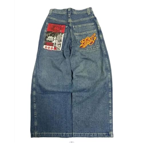 ORANDESIGNE Y2k Jeans Herren Hip Hop Retro Schädel Stickerei Gewaschen Baggy Denim Hose Lässig Lose Weites Bein Hose Streetwear Z08 Blau S