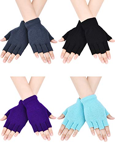 Bememo fingerlose Strickhandschuhe für Jungen und Mädchen, einfarbig, 4 Paar Gr. Medium, Schwarz, Grau, Himmelblau, Lila.