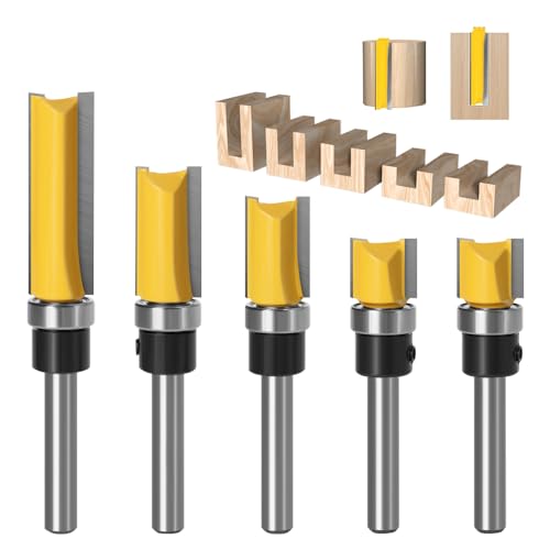 Palwin 5 Stück Bündigfräser Kugellager Oben, Bündigfräser 6,35mm Schaft, Kanten Kopierfräser mit Kugellager, Ent Bündigfräser, Nutfräser Stabfräser für Holz Fräser Schneiden Nutfräsen, Ø 12,7 mm