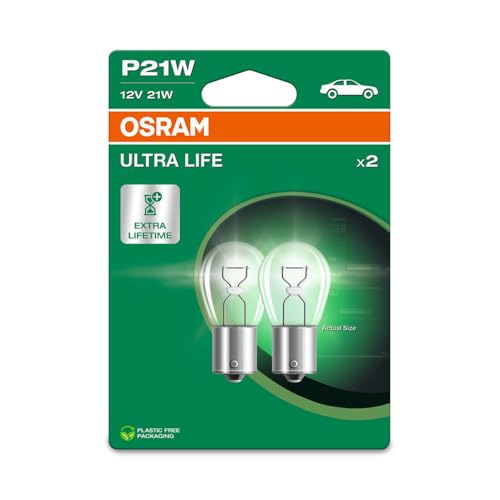 Osram ULTRA LIFE P21W, Halogen-Signallampe, Bremslicht, Nebelschlussleuchte, 7506ULT-2BL, 12V PKW, Doppelblister (2 Stück), white
