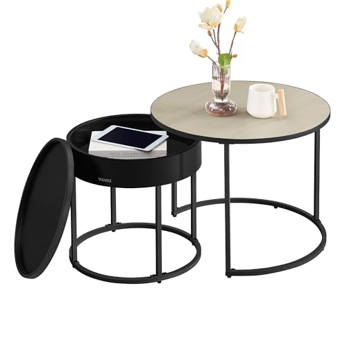 VASAGLE Couchtisch rund, 2er Set, Beistelltisch, Satztisch, modern, versteckter Stauraum, Tablett, für Wohnzimmer, Schlafzimmer, Balkon, naturbeige-tintenschwarz LCT044K67