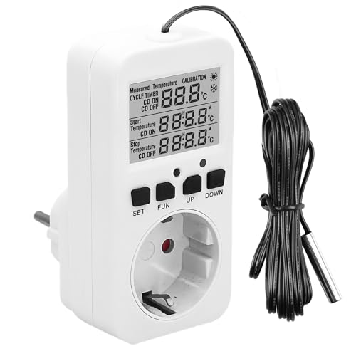 Digitaler Temperaturregler Steckdose 230V mit Fühler, Heizen Kühlen Thermostat Steckdose, Temperaturschalter mit Zeitschaltuhr Alarm