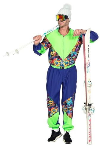 WILBERS & WILBERS 5495 - Retro Skianzug mit 80er Jahre Print für Herren, Skioverall, Schneeanzug, für Aprés Ski und Karneval, Blau-grün