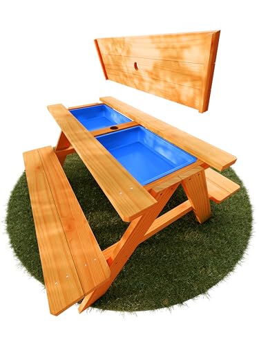 FRIEDO - 2in1 Kindersitzgruppe mit Matschtisch aus lackiertem Holz - Matschküche & Wasserspieltisch für den Garten - Gem. deutscher Standards geprüfte Kinder Gartenmöbel - Für Outdoor & Indoor Nutzung