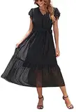Damen Sommer Freizeitkleid Midikleid Kurzarm Wickelkleider V-Ausschnitt Elegantes A-Linie Strandkleid Schwarz L