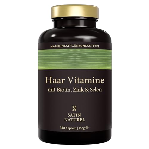 Haar Vitamine -180 Kapseln hochdosiert mit Biotin Zink Selen Hirseextrakt - Für Haare Haut Nägel - Mit Vitamin C + Kupfer - Hair Vitamins für Haarausfall - In Deutschland produziert, Satin Naturel