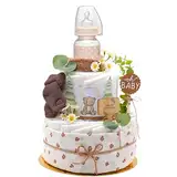 Trend Mama Windeltorte Wald mit Musselintuch,Baby Teeflasche, Spucktuch, Babysocken (Brown)