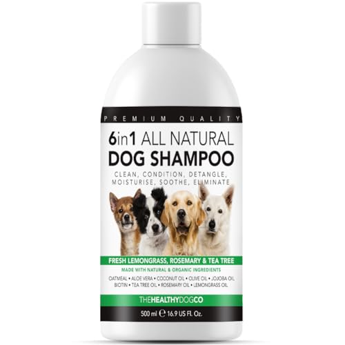 The Healthy Dog Co - 6-in-1 rein Natürliches Hunde Shampoo und Conditioner - Hunde Shampoo gegen üblen Geruch - Sanftes und Feuchtigkeitsspendendes Langhaar - Hundeshampoo, Welpen Shampoo - 500ml