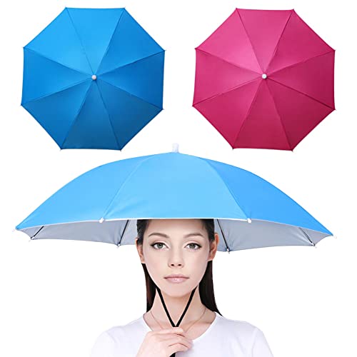 YANGSHINE 2PCS Umbrella Hat with Elastic Band, Outdoor Fishing Umbrella Cap Folding Headwear Umbrella Hat for Adults Kids Women Men,Rose red+Sky Blue