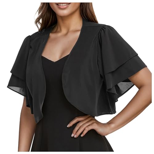 Generisch 2025, einfarbig, kurzärmelig, abgeschnittener Bolero, vorne offen, Chiffon-Strickjacke Kleid Sexy (Black, L)
