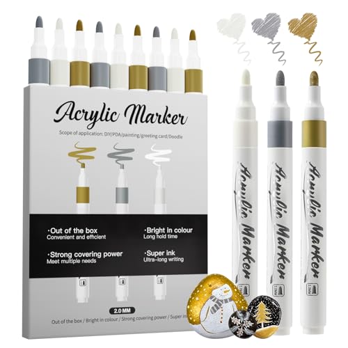 Jnyan Acrylstifte Marker, 9er Pack Acrylmarker, 2-3mm Mittelspitze, Weiß Gold Silber Farbstifte für Kunstprojekte, Zeichnen, Steinmalerei, Holz, Kunststoff, Metall, Leinwand DIY Bastelarbeiten