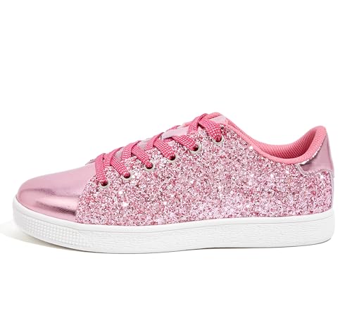 LUCKY STEP Damen Glitzer Sneaker | Schnüren Mode Schuhe | Glitzernde Bunt Turnschuhe für Damen (Heißes Rosa, 7US-37EU-4UK)