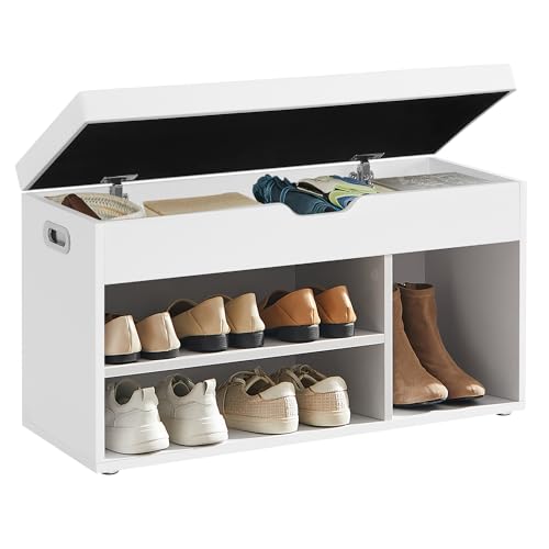 VASAGLE Schuhbank mit Sitzfläche, Sitzbank mit Stauraum, gepolstert, 3 offene Fächer, Fach unter Sitzkissen, Schuhregal für Wohnzimmer, Flur, bis 136 kg belastbar, wolkenweiß LHS30W