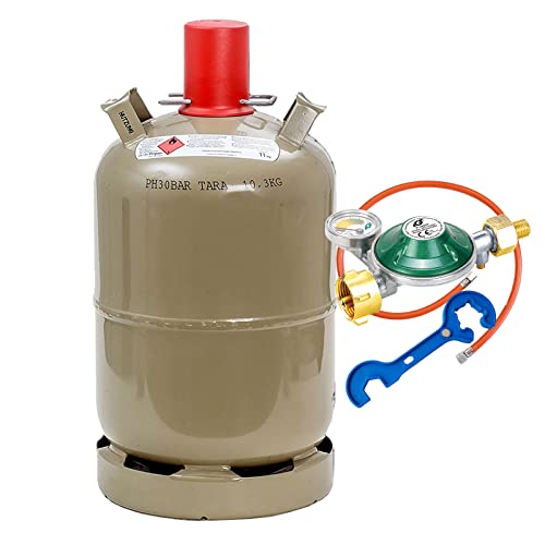 Propan-Gasflasche 11 kg leer, grau inkl. Schlauch 150cm, Manometerregler 50mbar und Gasreglerlöser mit Magnet + Schlüssel 17mm für Überwurfmutter 1/4