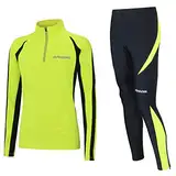 Airtracks Damen Winter Laufset Thermo Laufhose Lang Laufshirt Langarm Sweatshirt Fleece Funktionsshirt Sport Langarmshirt Jogginghose Leggins - schwarz-neon - M - Damen