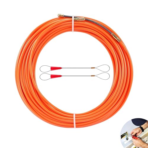 Kabeleinziehhilfe, 20mx4mm Zugdraht für Leerrohre, Mit 2 Führungsfeder, Zugdraht Einziehspirale, Nylon Einziehspirale zur Kabelverlegung Leerrohre(Orange Farbe)