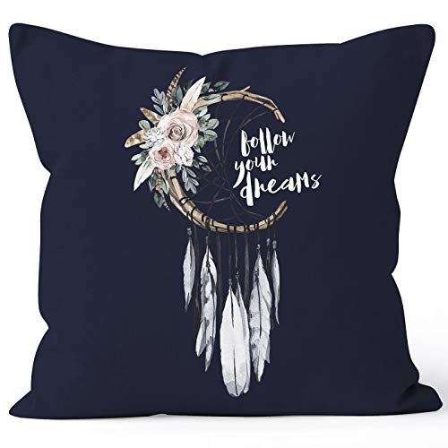 Autiga Kissenbezug Traumfänger Dreamcatcher Follow Your Dreams Spruch Blumen Federn Spruch Boho Kissen-Hülle Deko-Kissen Navy Unisize