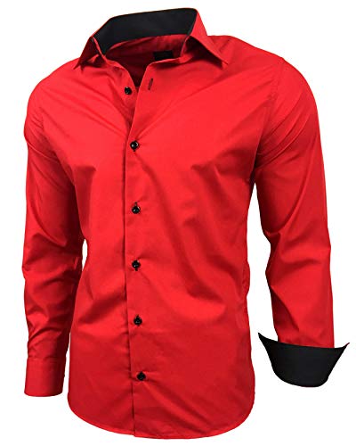 Baxboy Herren-Hemd Slim-Fit Bügelleicht Für Anzug, Business, Hochzeit, Freizeit - Langarm Hemden für Männer Langarmhemd R-44, Farbe:Rot, Größe:L