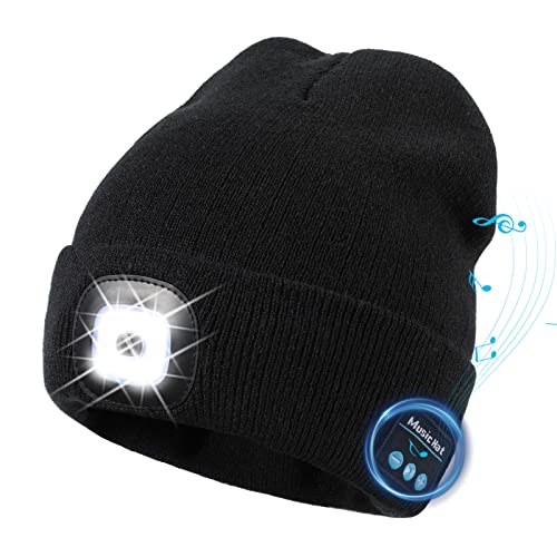 TAGVO LED Mütze Kappe Bluetooth 5.0 Mütze, Integrierter Stereolautsprecher & Mikrofon, Winter Warm Gestrickte Beleuchtung Drahtlose Bluetooth Headset Musik Hut für Laufen Wandern Herren Damen