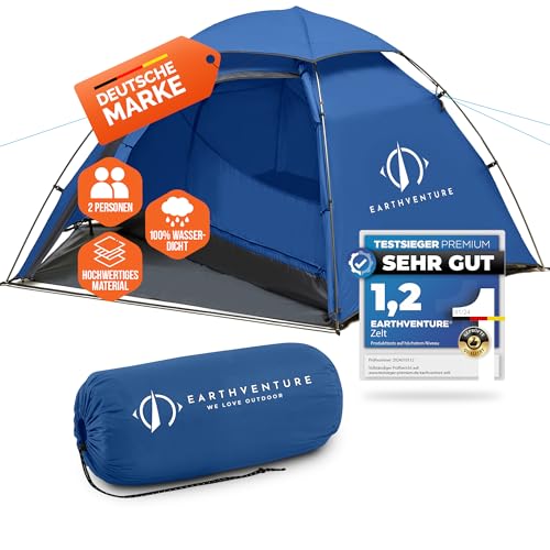 EARTHVENTURE® Camping Zelt 2 Personen wasserdicht - Schneller & Leichter Aufbau - Ultraleichtes Zelt kleines Packmaß - Zelt für 2 Personen - Zelt Camping Trekking Zelt Outdoor Festival & Motorrad