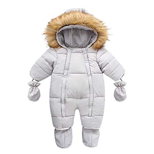 Baby Winter Overall Mit Kapuze Mädchen Schneeanzüge mit Handschuhen Strampler Spielanzug Footed Jumpsuit Unisex Winter Warm Kleidungsset (Grey, 0-6 Months)