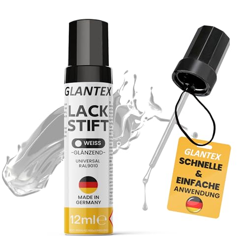 GLANTEX Lackstift Weiß glänzend [12ml] - Autolack mit hoher Deckkraft gegen Kratzer und Steinschläge, für Auto, Felgen - RAL 9010