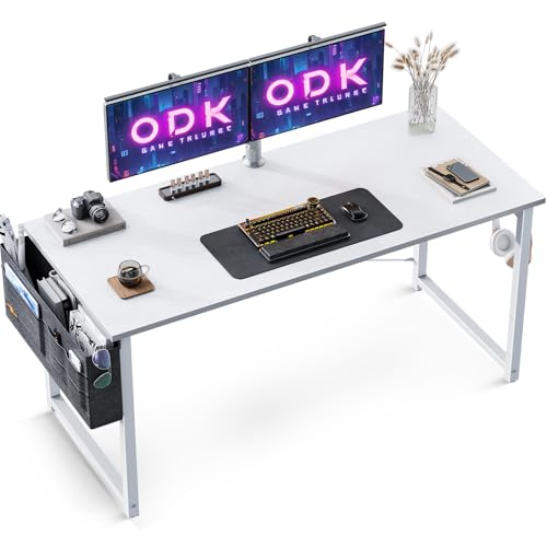 ODK Schreibtisch Weiß 120×48×73.5cm Computertisch Bürotisch mit Kopfhörer Halter und Aufbewahrungstasche, Kleiner Schreibtisch Arbeitszimmer Holz PC Tisch Officetisch für Home, Office
