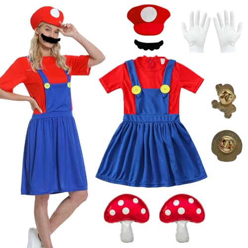 Super Bros Cosplay Kostüme für Erwachsene,Mari o Luigi Kostüm Set,Bros Cosplay Kostüm Damen Herren,Klempner Brüder Bodysuit Kostüm,Super Klempner Overall mit Rot Grün Mütze für Karneval Halloween