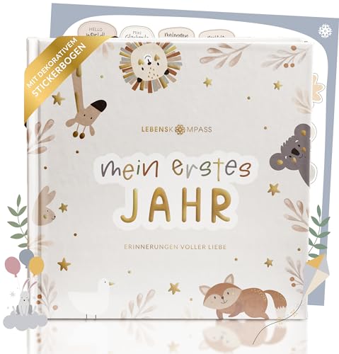 Lebenskompass® Babyalbum Mein erstes Jahr "PURE" mit über 75 Stickern & Spruchkarte EXTRA - Ein Baby Buch zum Eintragen - Das Babytagebuch & Erinnerungsbuch für Mädchen & Jungen