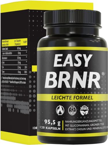 BRNR EASY BRNR Leichte Formel 5in1, Stoffwechsel-Kur mit Cholin, Blutzuckerspiegel-Rezeptur mit Chrom, Ballaststoff Glucomannan, Grüntee Extrakt, 120 Kapseln