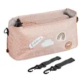 Kinderwagen Organizer inkl. Befestigungshaken | mit isolierten Becher-, Flaschenhalter, coole Patches (Pink)