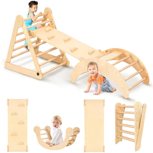 YOLEO Klettergerüst Indoor, 3-in-1 Montessori kletterdreieck mit Rutsche, Kletterbogen, Stabilem Baby-Klettergerüst und Kletterdreieck ab 1 Jahr